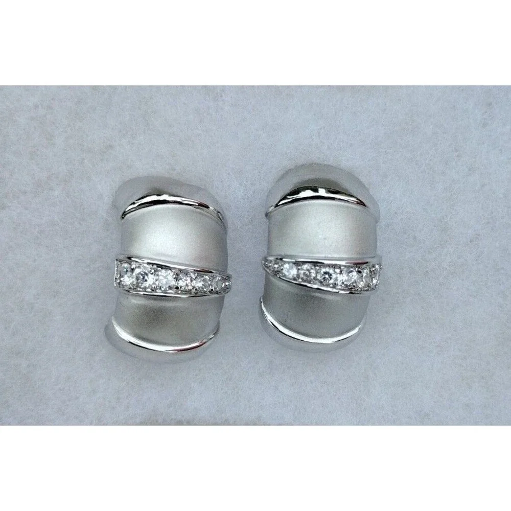 Retro Silver tone Cuff Earrings with Cubic Zirconia Pave Accents